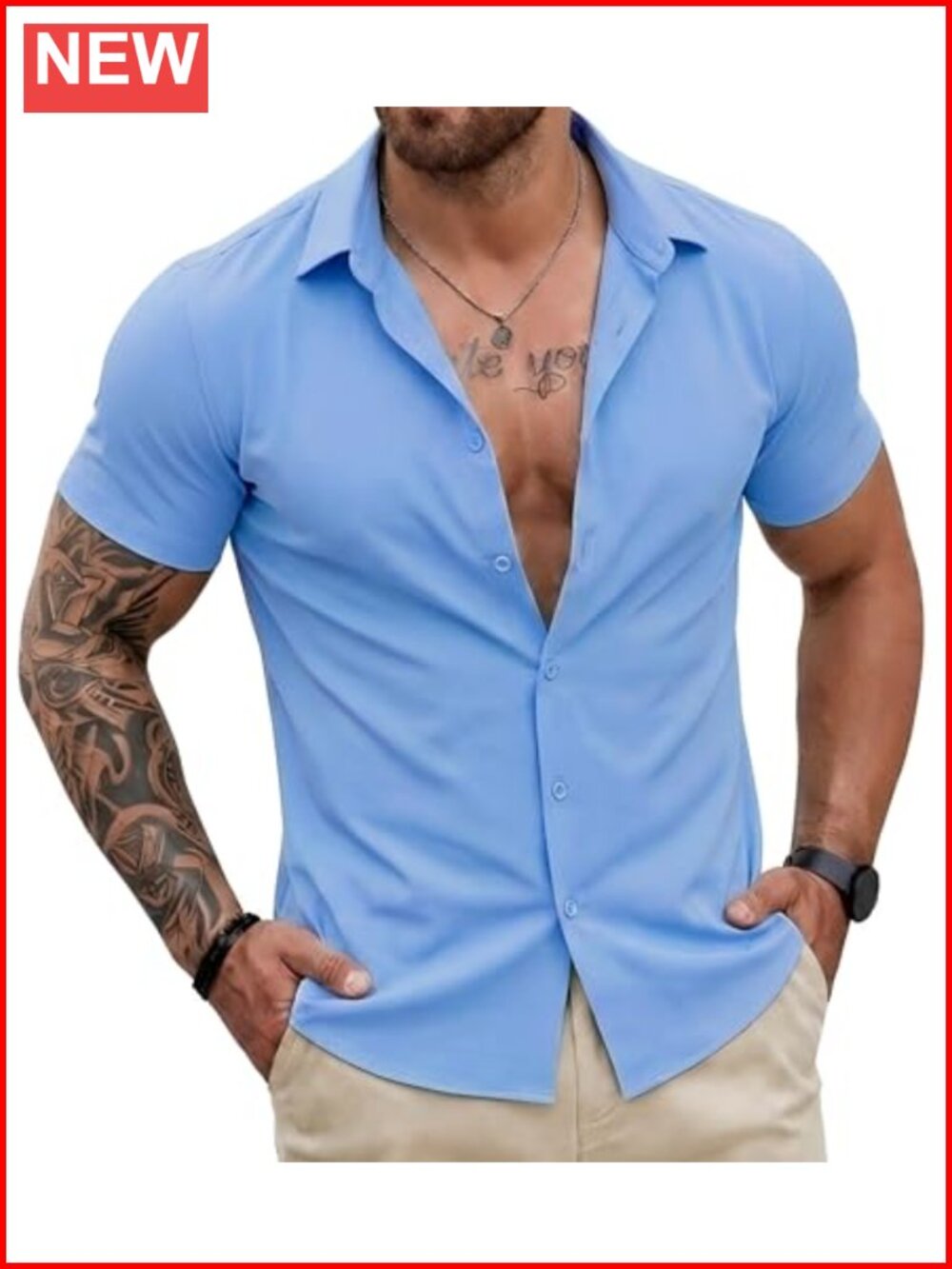 Men's Muscle Fit Dress Shirt Wrinkle Free 4 Way Stretch Short Sleeve Button Down